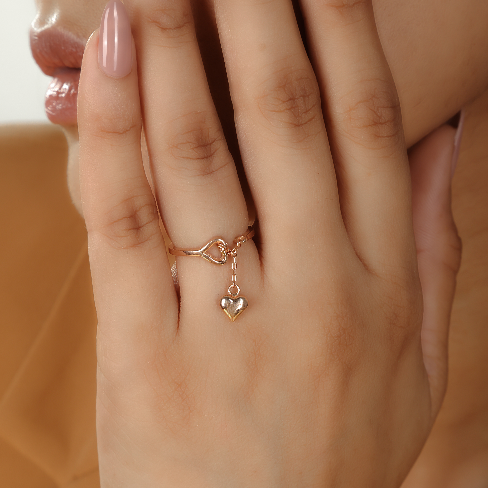valentine Heart Melting Chain Charm Ring- Hallmarked 925 Sterling Silver Rose Gold